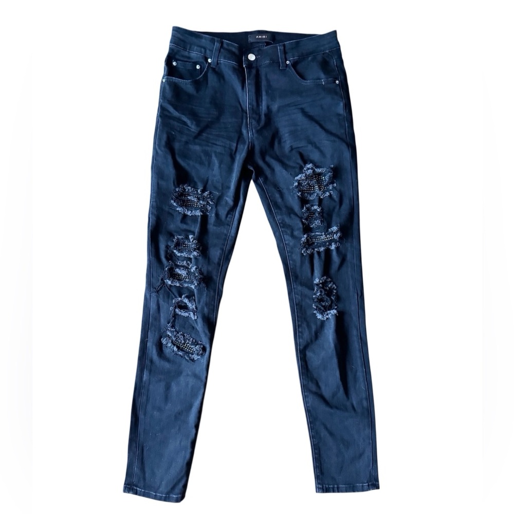 Amiri Mens 32 Skinny Distressed Black Denim Jeans Ripped Rhinestones Grunge Rock